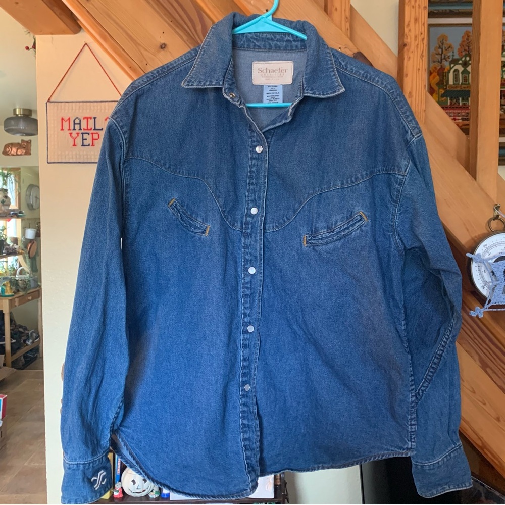 Schaefer Outfitters Denim Western Pearl Snap Shirt Mens Sz Large Made in USA🇺🇸